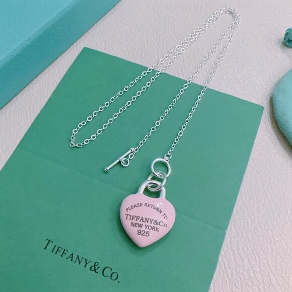 Tiffany & Co. Return to Tiffany Pink Enamel Heart Lock Toggle Necklace 925 Sterl - Picture 3 of 6